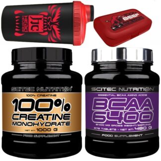 SCITEC Creatina da 1 Kg + 375 bcaa 6400 Aminoacidi Ramificati + Shaker e Pillbox